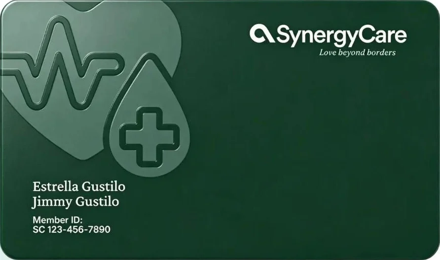 A dark green SynergyCare membership card with the tagline “Love beyond borders”, showing two member names and a member ID.